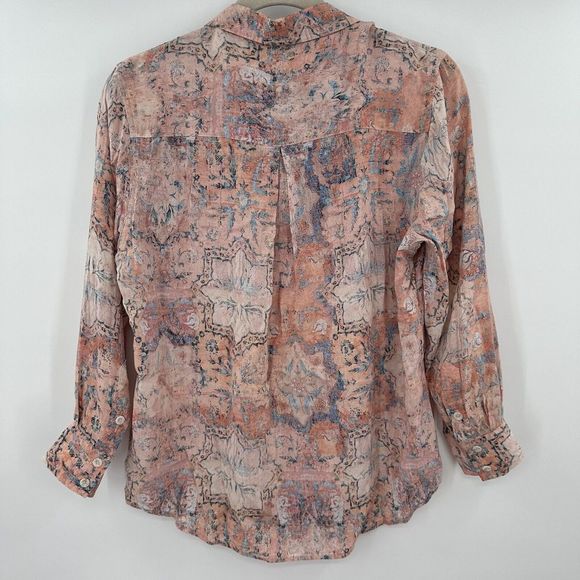 Peruvian Connection Semi Sheer Multi Color Long Sleeve Button Front Blouse Sz Lg - Picture 2 of 4